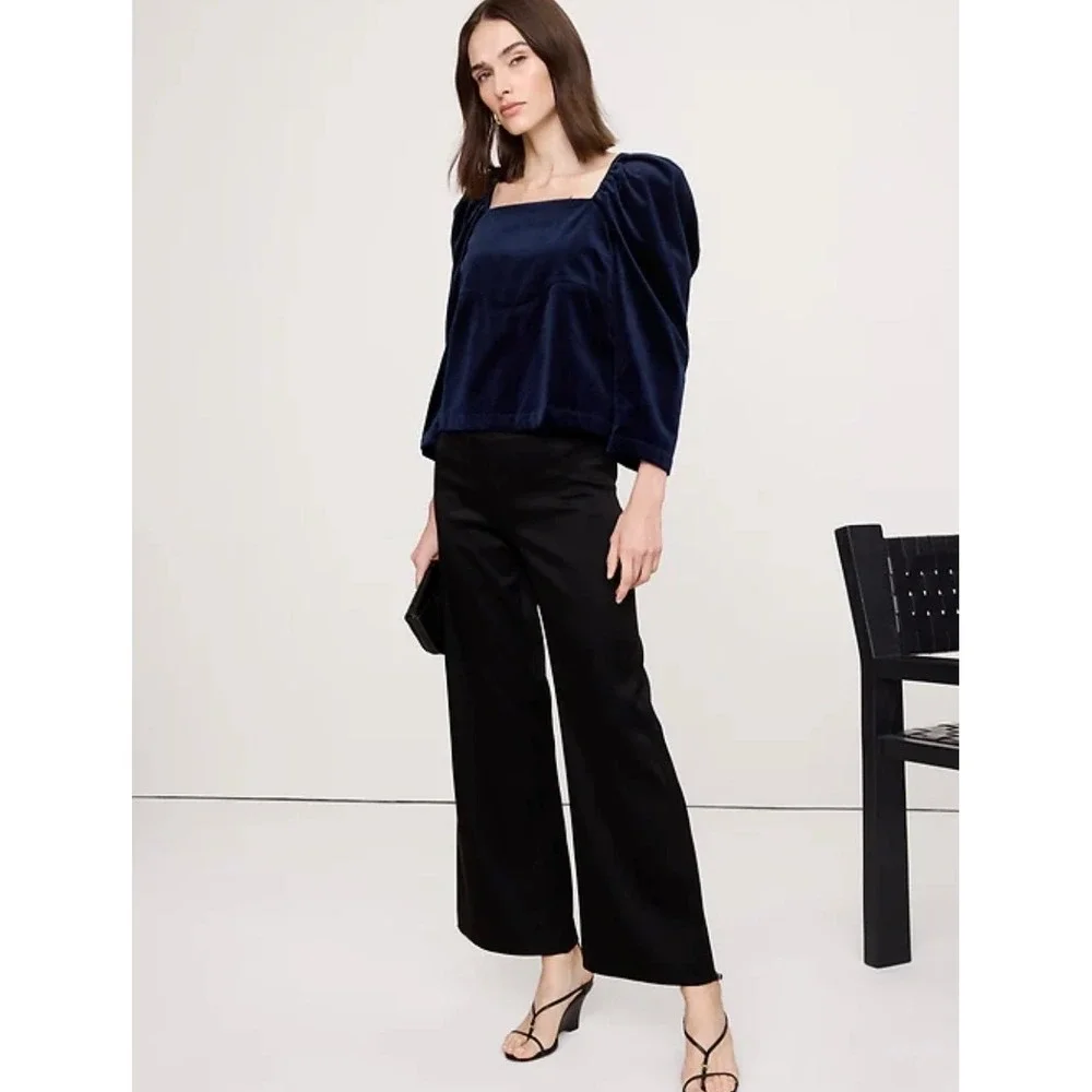 Banana Republic Velvet Top Womens L Navy Blue Puff Sleeve Bow Back Square Neck
